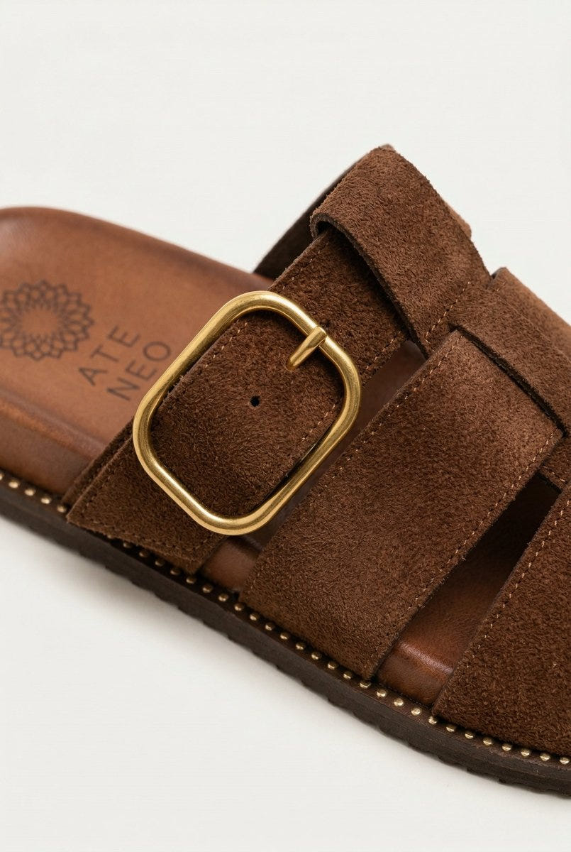 ATENEO - Fisherman Sandals Buckle Detail - Dark Brown Suede