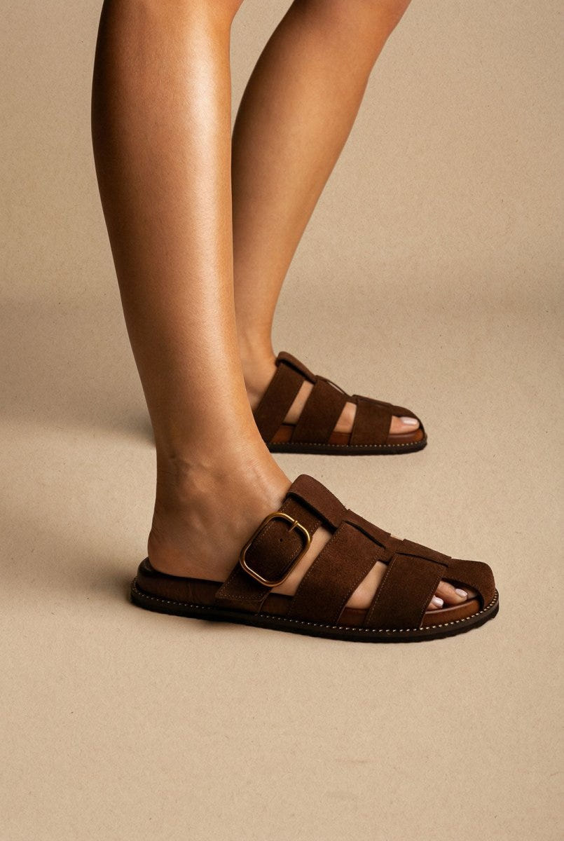 ATENEO - Fisherman Sandals Buckle Detail - Dark Brown Suede