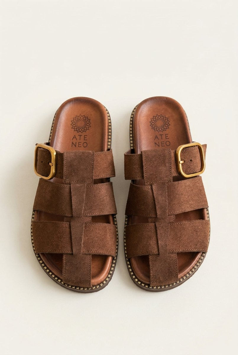 ATENEO - Fisherman Sandals Buckle Detail - Dark Brown Suede