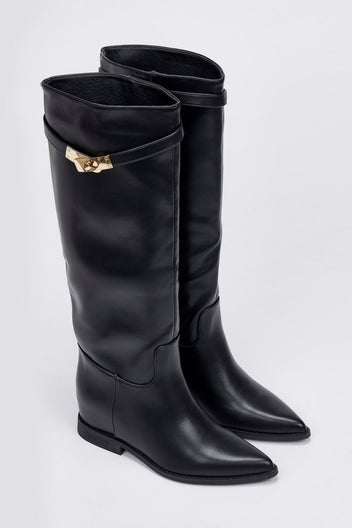 Ideal shoes - Pointed Toe Wedge Boots - Black Matte