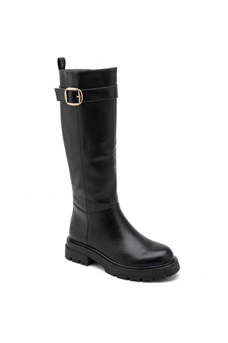 Flat Boots with Side Buckle - Black Matte - thefashionproject.gr - Ideal shoes