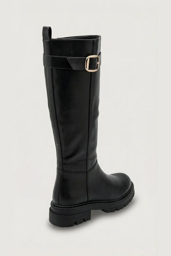 Flat Boots with Side Buckle - Black Matte - thefashionproject.gr - Ideal shoes