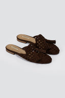 CORINA - Flat Mules with Knit Design - Brown Suede