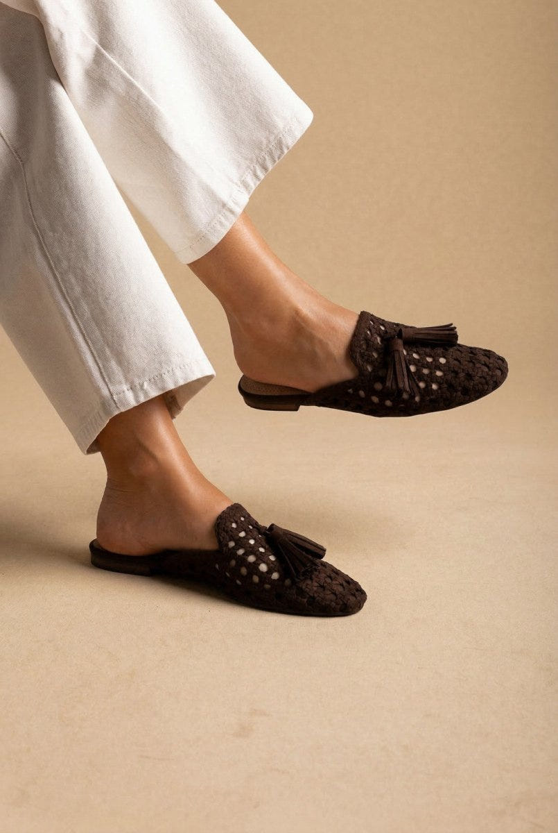 CORINA - Flat Mules with Knit Design - Brown Suede