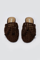 CORINA - Flat Mules with Knit Design - Brown Suede