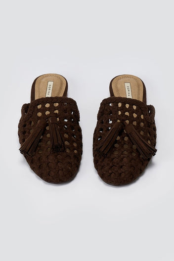 CORINA - Flat Mules with Knit Design - Brown Suede