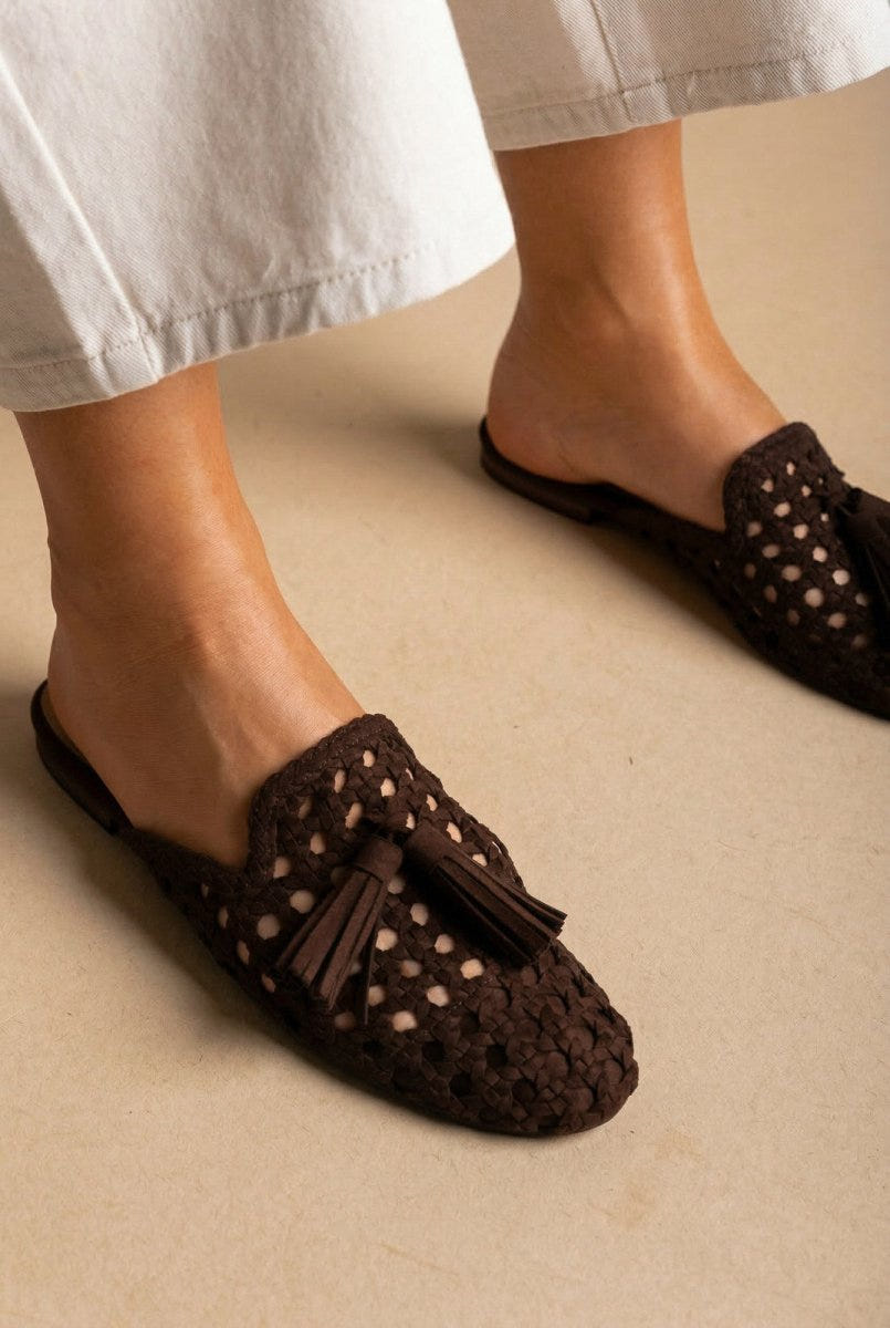 CORINA - Flat Mules with Knit Design - Brown Suede