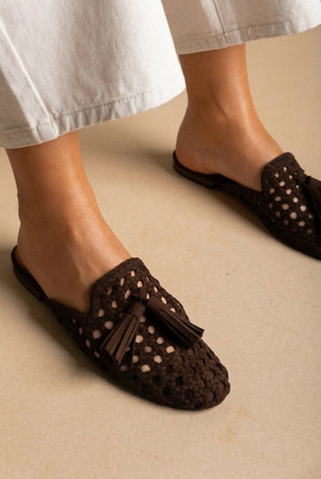 CORINA - Flat Mules with Knit Design - Brown Suede
