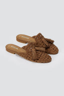 CORINA - Flat Mules with Knit Design - Camel Suede