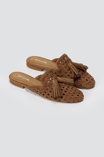 CORINA - Flat Mules with Knit Design - Camel Suede