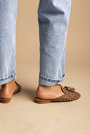 CORINA - Flat Mules with Knit Design - Camel Suede