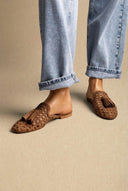 CORINA - Flat Mules with Knit Design - Camel Suede