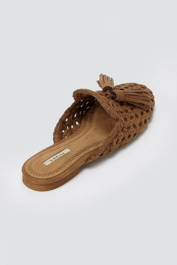 CORINA - Flat Mules with Knit Design - Camel Suede