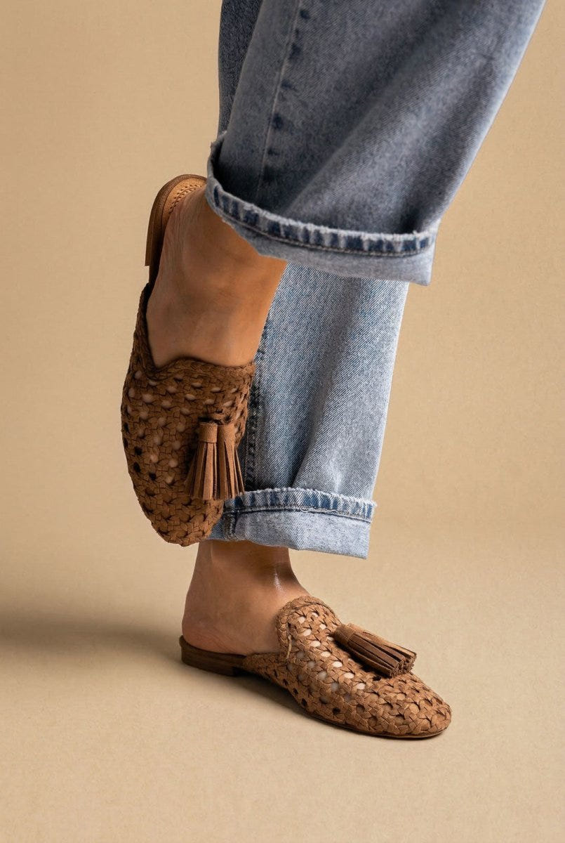 CORINA - Flat Mules with Knit Design - Camel Suede