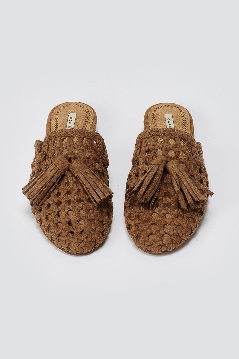 CORINA - Flat Mules with Knit Design - Camel Suede