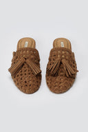 CORINA - Flat Mules with Knit Design - Camel Suede