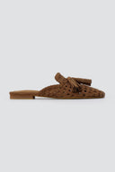 CORINA - Flat Mules with Knit Design - Camel Suede