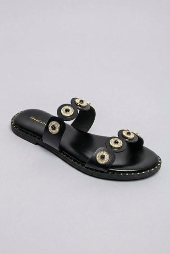 Ideal shoes - Flat Sandals Metallic Details - Black Matte