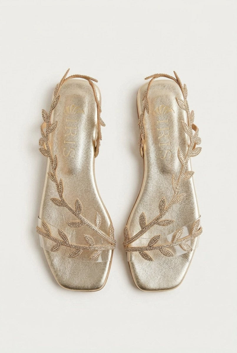 IRIS - Flat Sandals Rhinestone Straps - Gold Strass