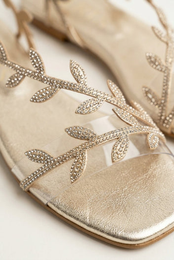 IRIS - Flat Sandals Rhinestone Straps - Gold Strass