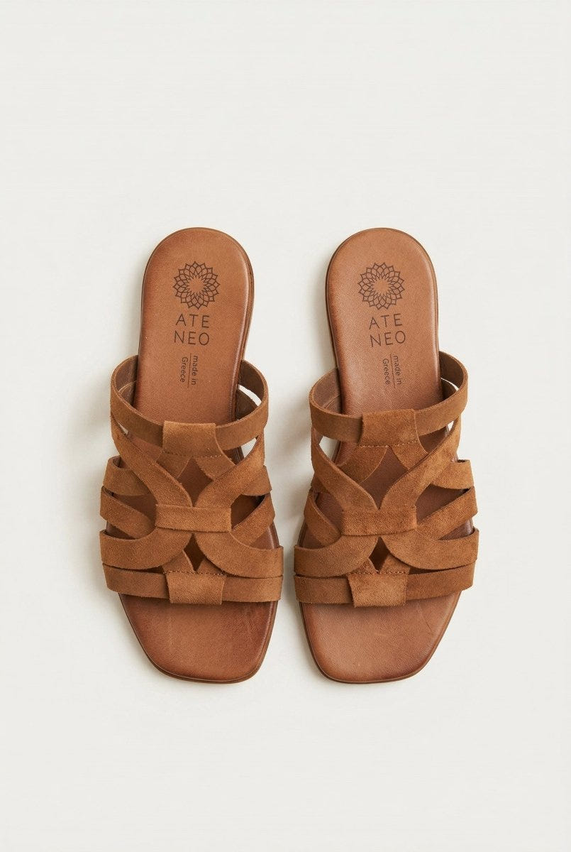 ATENEO - Flat Sandals Strappy Design - Brown Suede