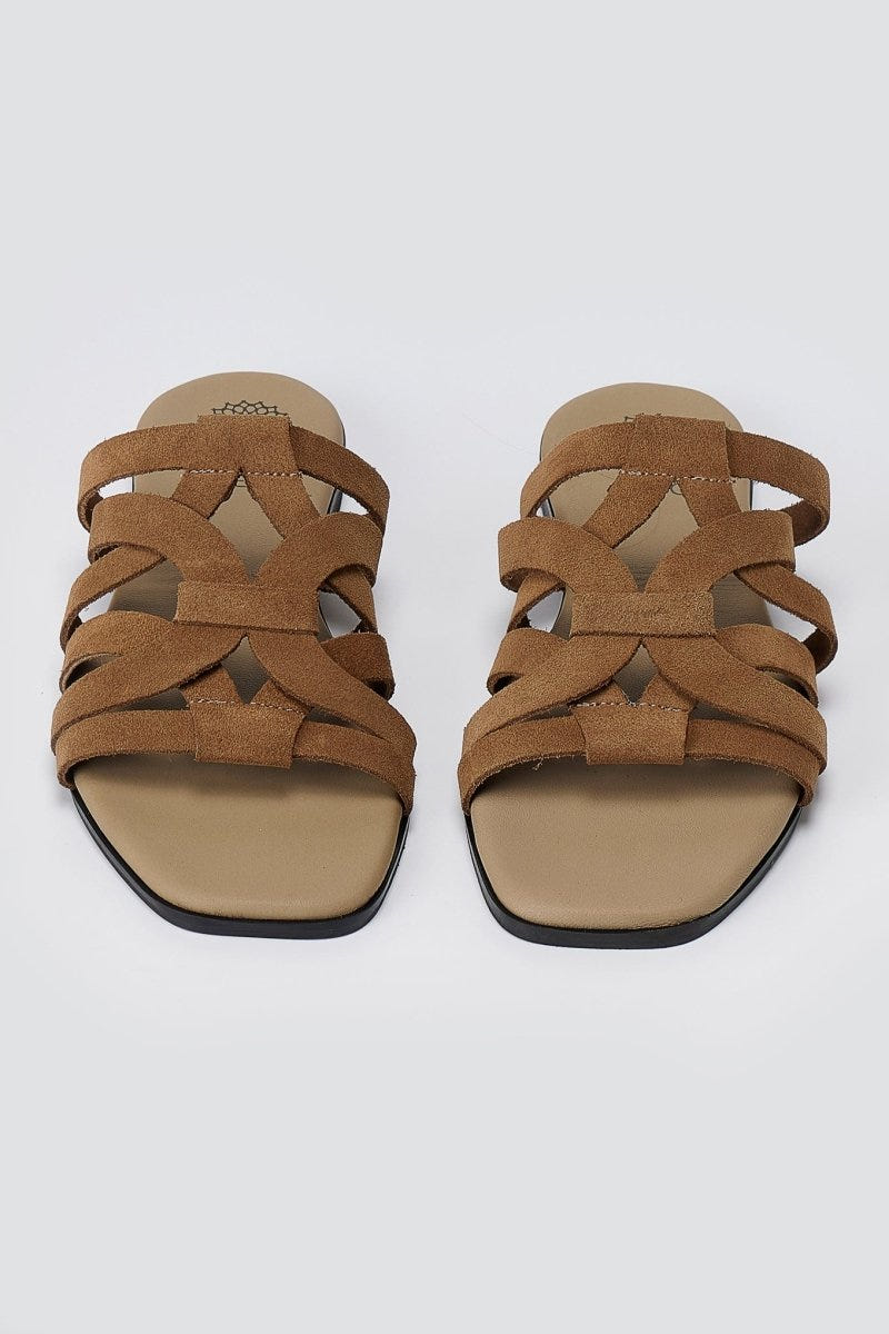 ATENEO - Flat Sandals Strappy Design - Taupe Suede