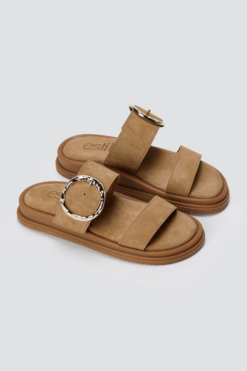 Estil - Flatform Buckle Sandals - Beige Suede