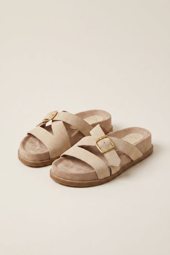 IRIS - Flatform Buckle Sandals - Beige Suede