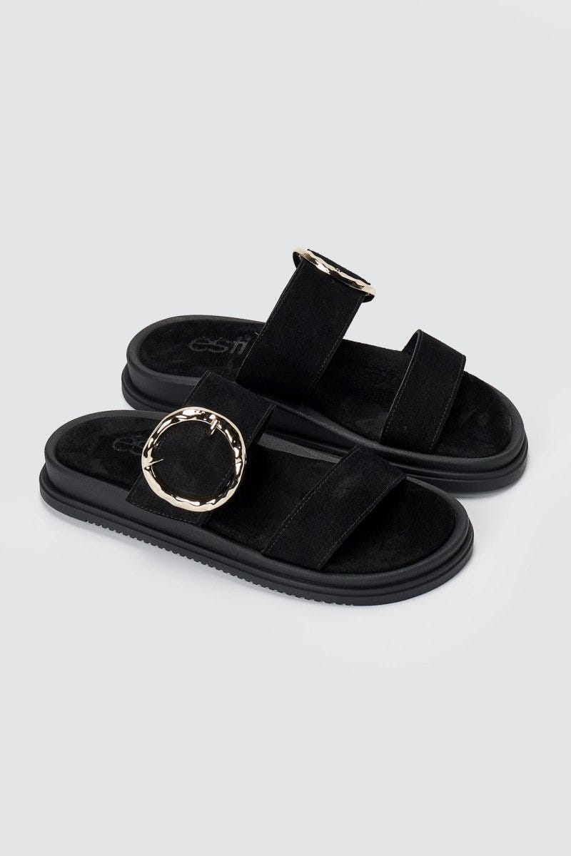 Estil - Flatform Buckle Sandals - Black Suede