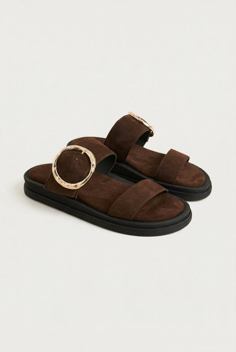 Estil - Flatform Buckle Sandals - Brown Suede