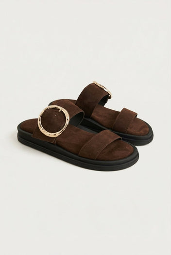 Estil - Flatform Buckle Sandals - Brown Suede
