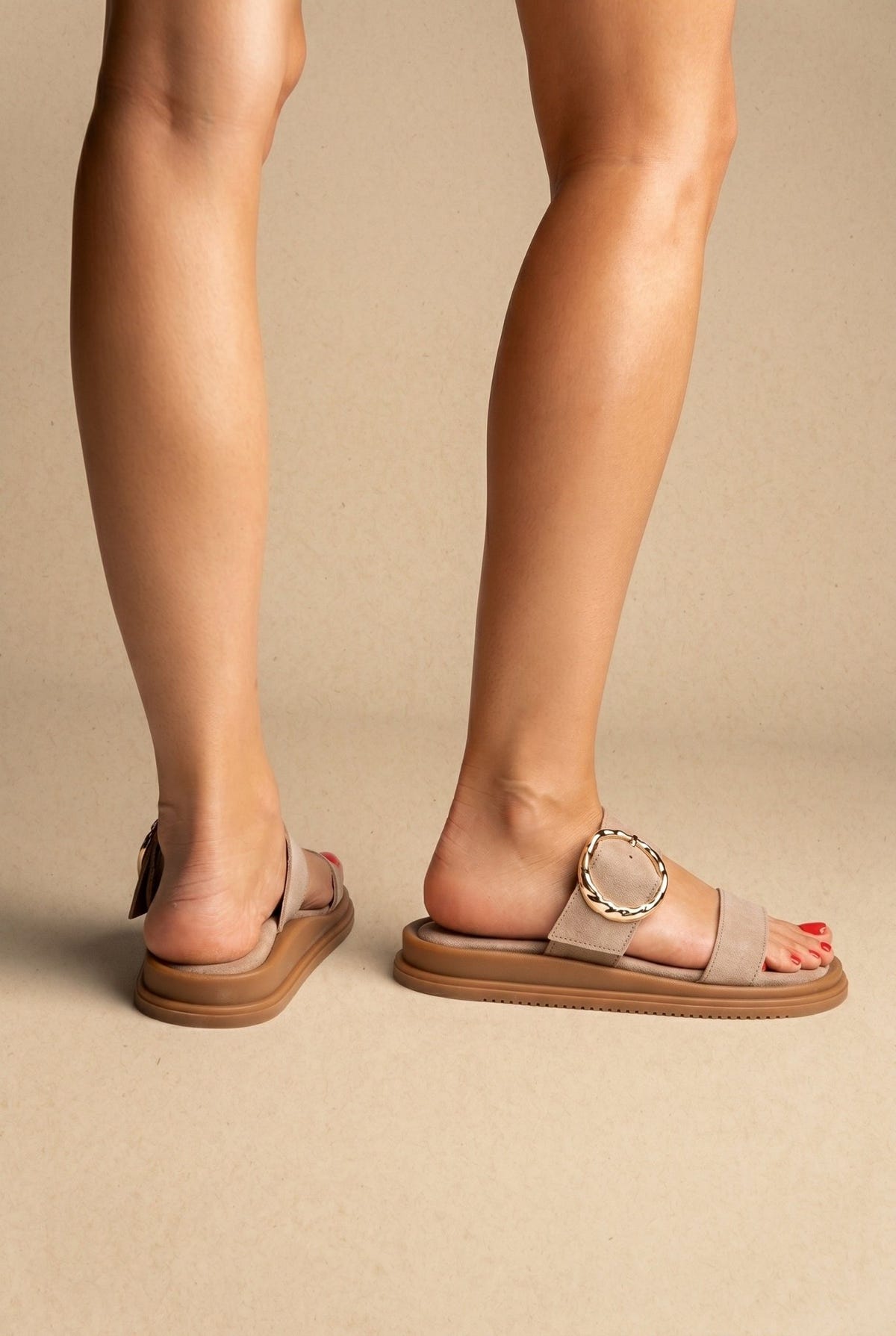 Estil - Flatform Buckle Sandals - Taupe Suede