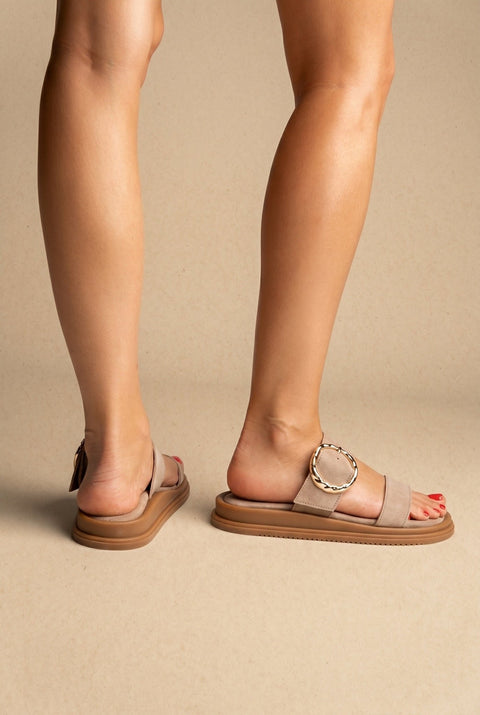Flatform Buckle Sandals - Taupe Suede