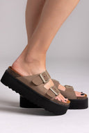 Flatform δερμάτινα nabuk σανδάλια ATENEO - Λαδί - thefashionproject.gr - ATENEO
