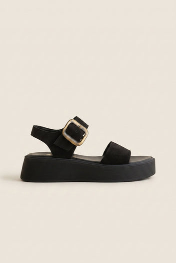 IRIS - Flatform Sandals Ankle Strap - Black Suede