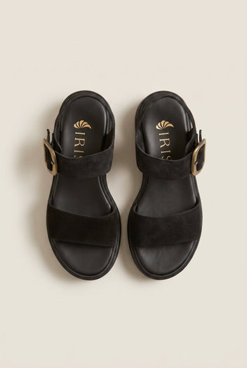 IRIS - Flatform Sandals Ankle Strap - Black Suede