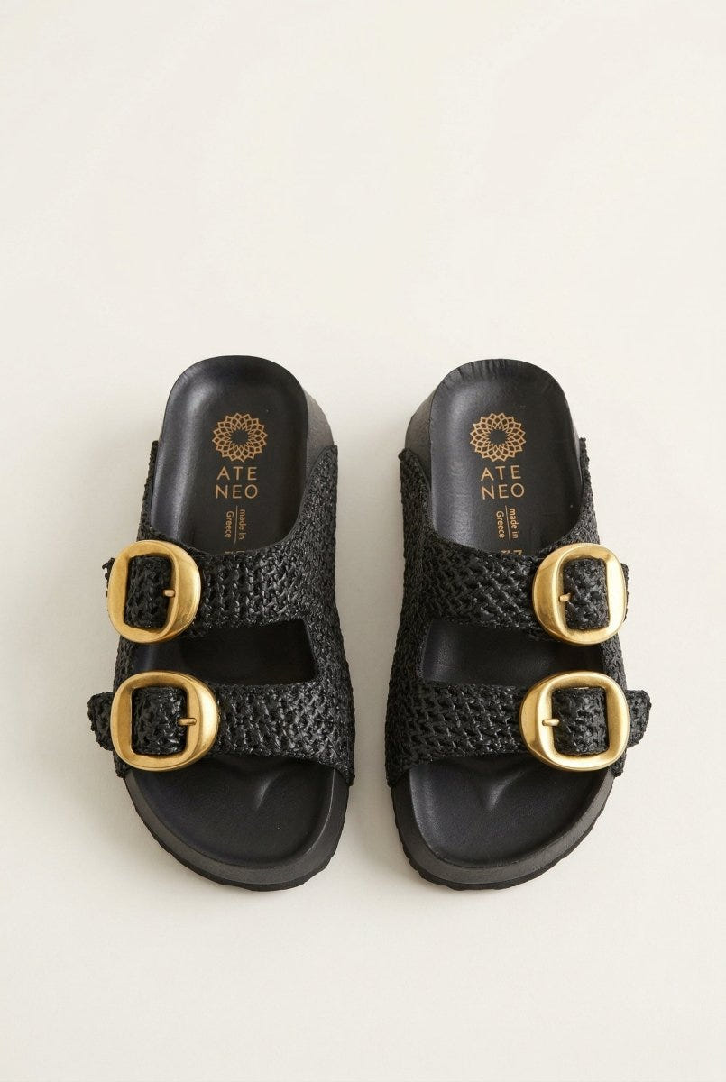 ATENEO - Flatform Sandals Buckle Detail - Black Raffia