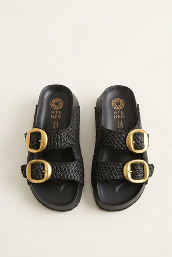 ATENEO - Flatform Sandals Buckle Detail - Black Raffia