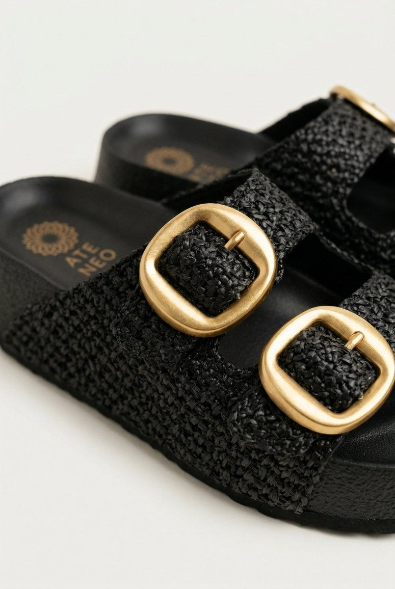 ATENEO - Flatform Sandals Buckle Detail - Black Raffia