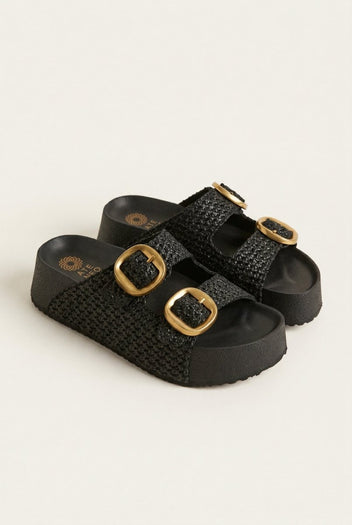 ATENEO - Flatform Sandals Buckle Detail - Black Raffia