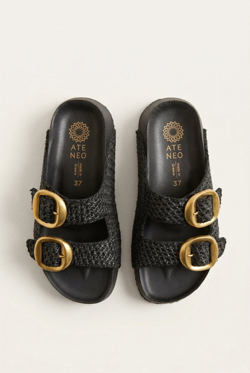 ATENEO - Flatform Sandals Buckle Detail - Black Raffia