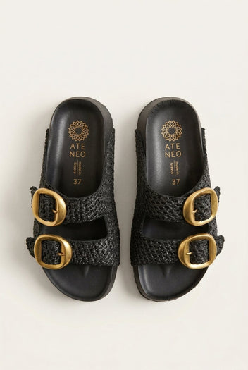 ATENEO - Flatform Sandals Buckle Detail - Black Raffia