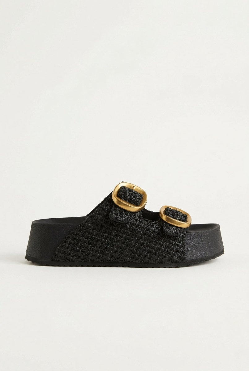 ATENEO - Flatform Sandals Buckle Detail - Black Raffia