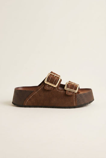 ATENEO - Flatform Sandals Buckle Detail - Brown Suede