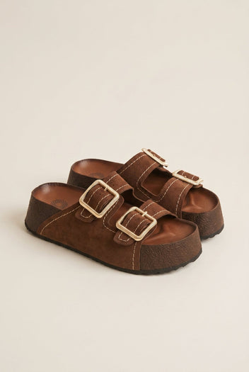 ATENEO - Flatform Sandals Buckle Detail - Brown Suede