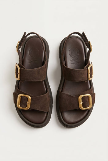 TFP - Flatform Sandals Buckle Detail - Brown Suede