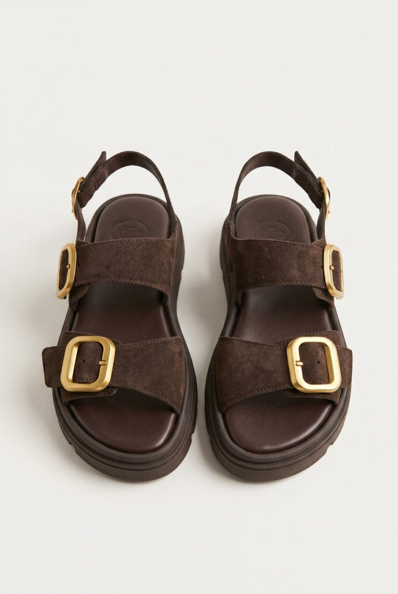 TFP - Flatform Sandals Buckle Detail - Brown Suede
