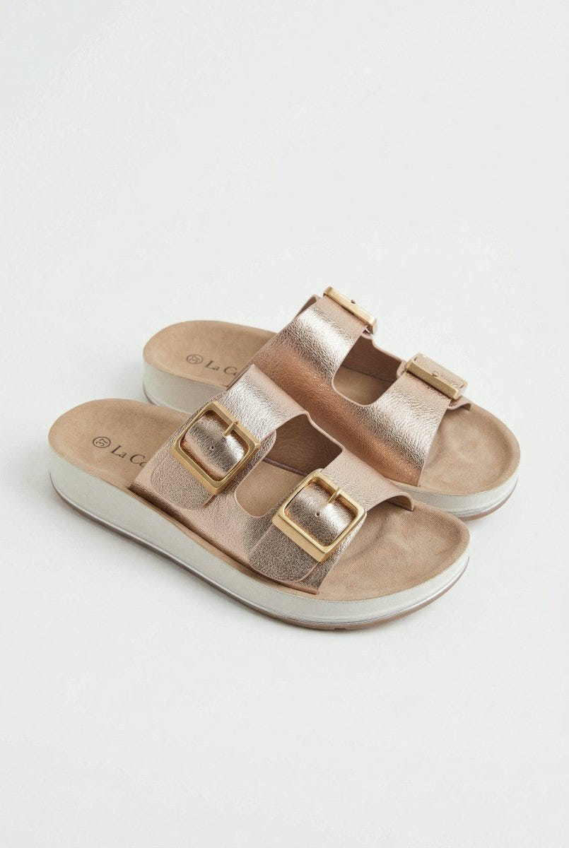 La Coquette - Flatform Sandals Buckle Detail - Champagne Metallic