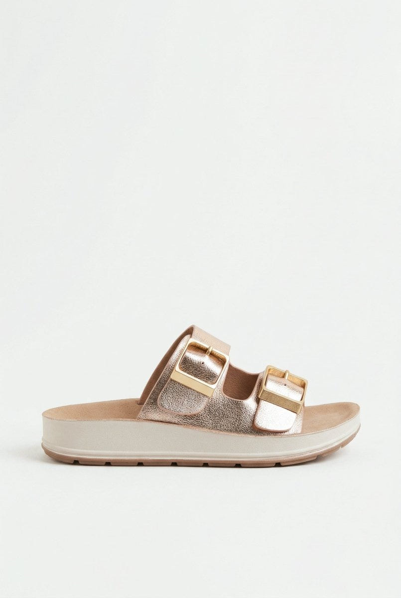 La Coquette - Flatform Sandals Buckle Detail - Champagne Metallic