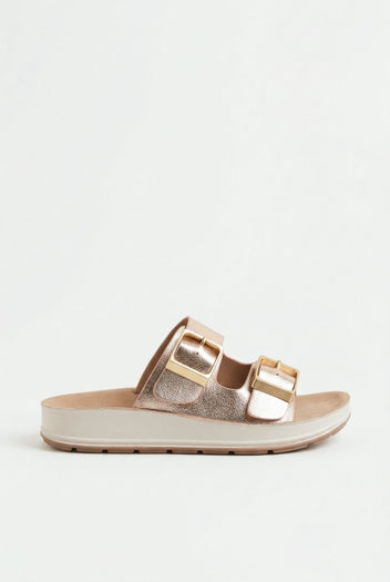 La Coquette - Flatform Sandals Buckle Detail - Champagne Metallic